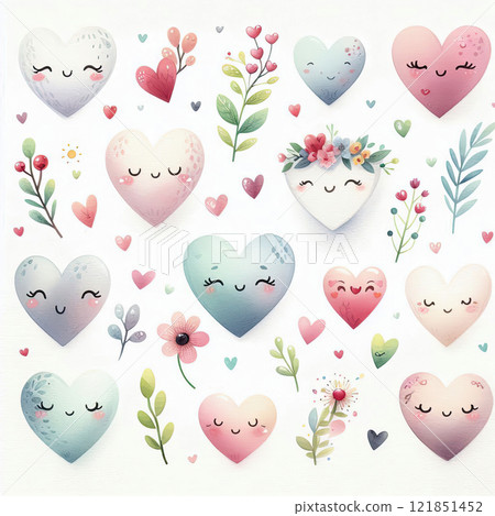 Cute illustration with smiling clouds and hearts in pastel colors, perfect for Valentine's Day or children's decor. Cute illustration with smiling clouds and hearts in pastel colors, perfect for Valentine's Day or children's decor. 121851452