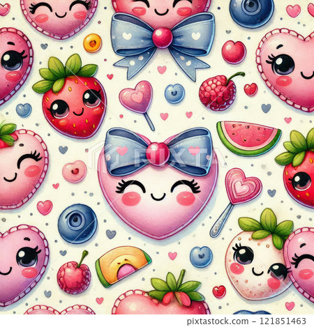 Cute illustration with smiling clouds and hearts in pastel colors, perfect for Valentine's Day or children's decor. 121851463