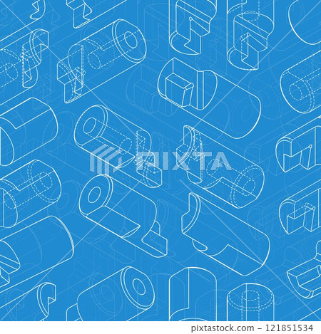 Mechanical engineering drawings on blue background. Cutter, assembly tool with replaceable multi-faceted plate. Technical Design. Cover. Blueprint. Vector illustration. 121851534