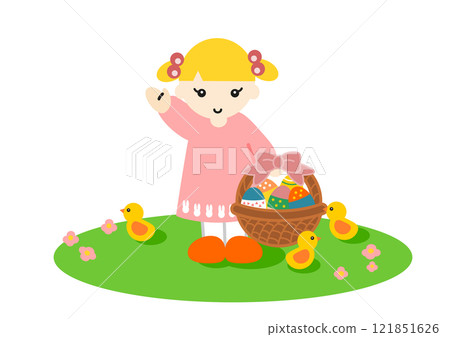 Girl with basket of Easter eggs and chicks Girl with basket of Easter eggs and chicks 121851626