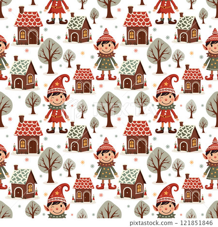 Christmas Elves on the Background of Houses. Seamless Pattern 121851846