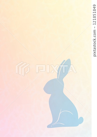 Minimalist Easter bunny silhouette in soft white on a pastel gradient background featuring shades of pink, blue, and yellow with space for text overlay 121851849