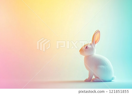 Minimalist Easter bunny silhouette in soft white against a pastel gradient background features a large blank area for text overlay 121851855