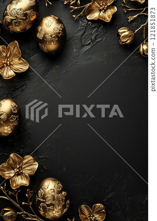 Luxurious black background adorned with gold foil Easter egg patterns and elegant floral designs, perfect for seasonal celebrations 121851873