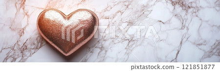 Elegant rose gold heart on luxurious marble background creates a high-end Valentine's Day atmosphere with ample space for personalization 121851877