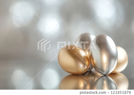 Luxurious metallic silver and gold Easter egg arrangement on a reflective surface with elegant lighting Luxurious metallic silver and gold Easter egg arrangement on a reflective surface with elegant lighting 121851879