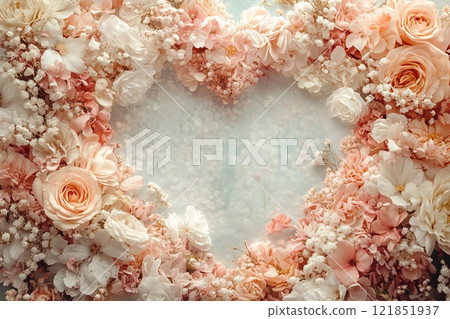 Heart-shaped floral frame created with delicate blooms in shades of pink, peach, and white, set against a soft pastel background inviting romantic design possibilities 121851937