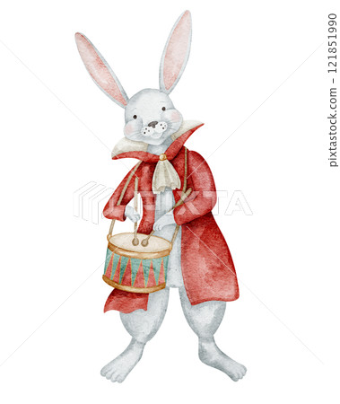 Watercolor illustration of white Bunny with drum in red coat. Drawing of vintage Rabbit in costume for childish greeting cards or baby invitations. Art of vintage circus character for kids design. 121851990