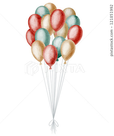 Vintage watercolor illustration of Bunch of colorful Balloons in red, green, and gold tones. Drawing of party or circus objects for children birthday greeting cards or circus themes invitations. 121851992