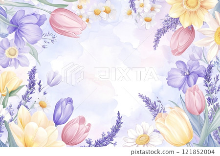 Delicate floral frame featuring spring flowers like tulips, daisies, and lavender in soft pastel colors against a light gradient background 121852004
