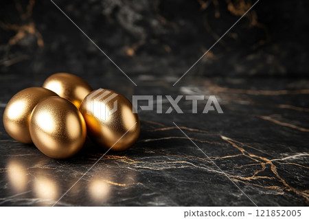 Luxurious gold Easter eggs elegantly arranged on a white marble surface with a dark background to accentuate their opulence and charm 121852005