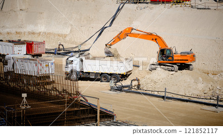 Excavator loads truck  121852117