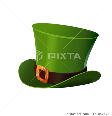 A cartoon semi realistic vector illustration of a green leprechaun hat, perfect for St. Patrick's Day celebrations. The hat features a stylish curved brim, a black band with a shiny golden buckle, and 121852175