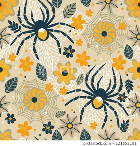 vintage spiders on a background of flowers in the web. seamless pattern. 121852191