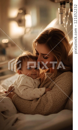 A serene scene of mother and baby sharing an intimate embrace in a hospital room, with comforting light and a nurturing atmosphere highlighting their love 121852232