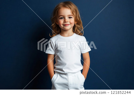 A cute smiling kid stands confidently in a white blank t-shirt and trousers against a vibrant blue background, radiating joy and playfulness, perfect for a clothing mock-up 121852244