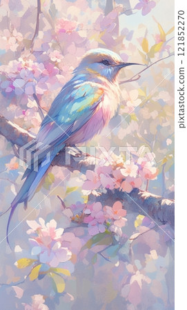 This serene image captures a songbird among delicate cherry blossoms, where vibrant colors and light pastel hues evoke a sense of peace and natural beauty This serene image captures a songbird among delicate cherry blossoms, where vibrant colors and light pastel hues evoke a sense of peace and natural beauty 121852270