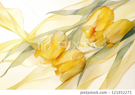Yellow tulips are scattered across a shimmering yellow silk background, creating a vibrant and luxurious display, perfect for celebrating March 8th or Valentine's Day, illustration 121852271