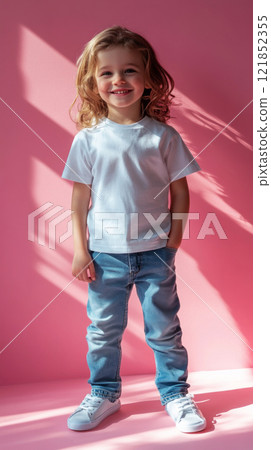 Cheerful child wearing a plain white t-shirt and trousers, standing full-length against a pastel pink backdrop, exuding charm and youthful energy for mock-up designs 121852355