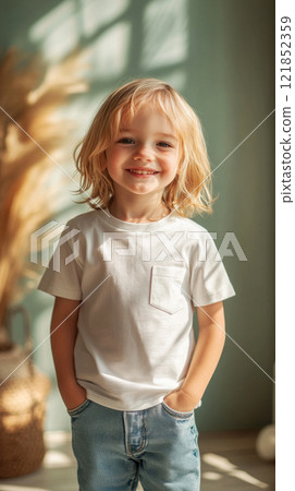 Cheerful child wearing a plain white t-shirt and trousers, standing full-length against a pastel green backdrop, exuding charm and youthful energy for mock-up designs Cheerful child wearing a plain white t-shirt and trousers, standing full-length against a pastel green backdrop, exuding charm and youthful energy for mock-up designs 121852359