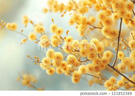 A blooming mimosa tree in full glory, its vibrant yellow flower clusters covering lush green branches, creating a radiant and cheerful natural display 121852389