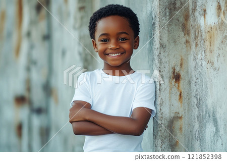 A cute smiling Afro-American child stands full-length in a white t-shirt and jeans trousers on a plain gray background, perfect for a modern mock-up design 121852398