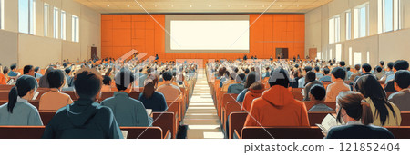 A realistic depiction of a university lecture hall, with students focused on learning, the professor delivering knowledge, creating an intellectual and engaging atmosphere, banner 121852404