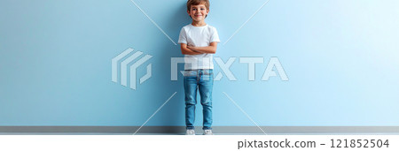 Adorable kid poses happily in a blank white t-shirt and trousers, surrounded by a pastel green background, offering a stylish and fun mock-up template, banner 121852504