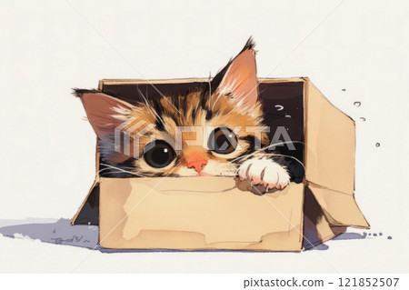 A charming illustration of a kitten peeking out from an empty box, its little head and ears popping over the edge, creating a playful and cozy atmosphere with warm tones 121852507