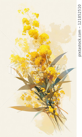 Botanical view of mimosa blossoms, featuring soft yellow flowers against fresh green foliage, detailed with natural sunlight enhancing their radiant and airy appearance 121852510
