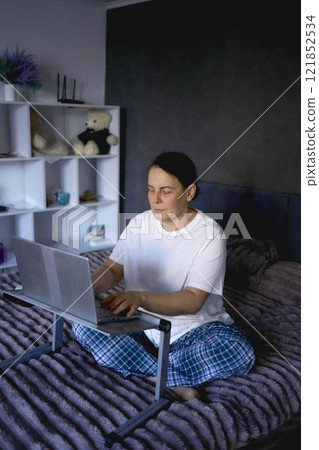 a senior woman working from home on laptop 121852534