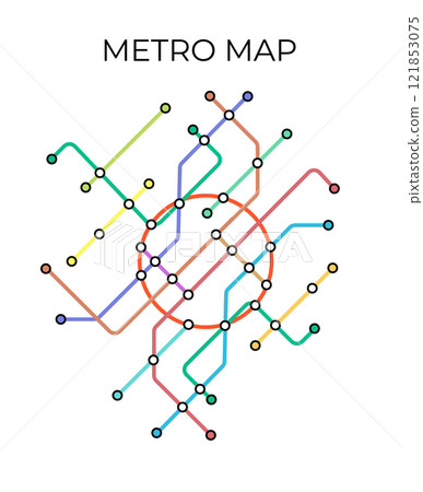 Metro stations and plan of subway with. Fictional metro map of underground. Layout of public passenger transport. Vector Metro stations and plan of subway with. Fictional metro map of underground. Layout of public passenger transport. Vector 121853075