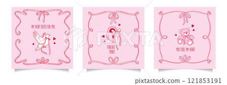 Coquette romantic greeting cards set. Happy Valentines Day covers with Coquettish girly doodle elements with bows and ribbons knot. Invitation abstract design in hand drawn contour style. Vector Coquette romantic greeting cards set. Happy Valentines Day covers with Coquettish girly doodle elements with bows and ribbons knot. Invitation abstract design in hand drawn contour style. Vector 121853191