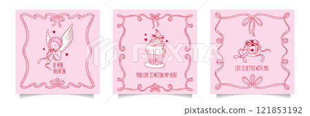 Coquette square greeting cards set. Happy Valentines Day covers with Coquettish girly doodle romantic elements with bows and ribbons knot. Invitation abstract design in handdrawn contour style. Vector Coquette square greeting cards set. Happy Valentines Day covers with Coquettish girly doodle romantic elements with bows and ribbons knot. Invitation abstract design in handdrawn contour style. Vector 121853192