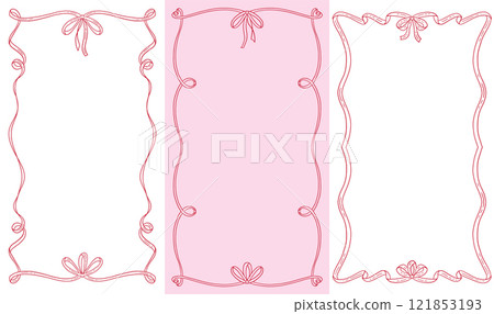 Coquettish elegant 16x9 vertical frames set featuring a ribbon bow design with flowing hand drawn contours. Vector borders for invitations, cards, and artistic projects 121853193