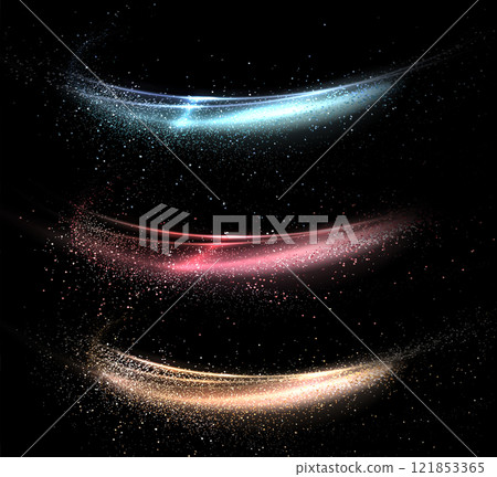 Set of isolated shiny ribbon with small tinsel on black background, design element 121853365