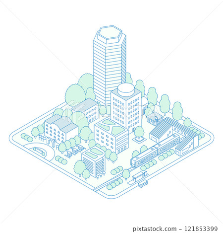 Isometric city illustration. Train station and commercial district in front of the station. Isometric city illustration. Train station and commercial district in front of the station. 121853399
