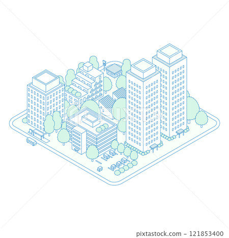 等距城市圖。擁有公寓和塔樓公寓的住宅區。大樓設有鄰近的停車場。 121853400