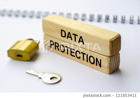 Data Protection text on wooden blocks. Cybersecurity concept. 121853411