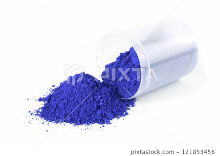 Cobalt Blue, ultramarine pigment, dry paint on a white background, macro 121853458
