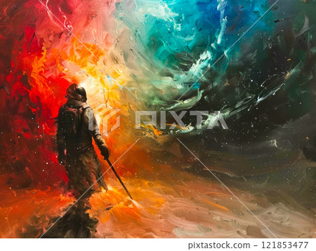 Epic Space Warrior Stands Against a Vibrant Cosmic Backdrop With Swirling Colors. Generative AI 121853477