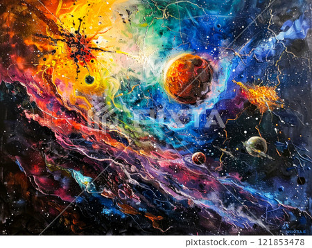 Vibrant Cosmic Landscape Showcasing Planets and Swirling Colors in Deep Space. Generative AI 121853478