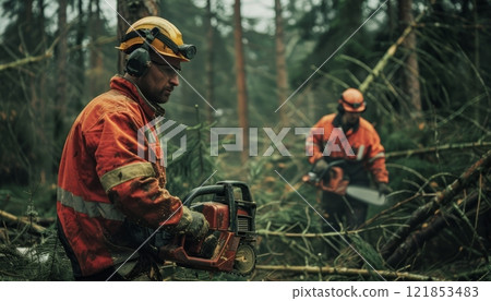 Two Lumberjacks Cutting Logs With Chainsaws in a Forest During Daytime. Generative AI 121853483