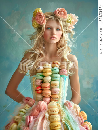 Colorful Dress With Macarons and Flowers on a Model Against a Pastel Backdrop. AI Art 121853484