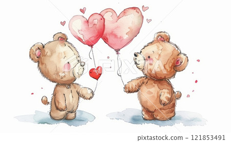 Two Cute Bears Holding a Heart-Shaped Balloon in a Whimsical Setting. Generative AI 121853491