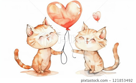 Two Playful Kittens Holding a Red Heart Balloon in a Lighthearted Illustration. Generative AI 121853492