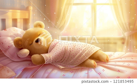 A Teddy Bear Peacefully Sleeping on a Cozy Bed During a Sunny Afternoon. Generative AI A Teddy Bear Peacefully Sleeping on a Cozy Bed During a Sunny Afternoon. Generative AI 121853495