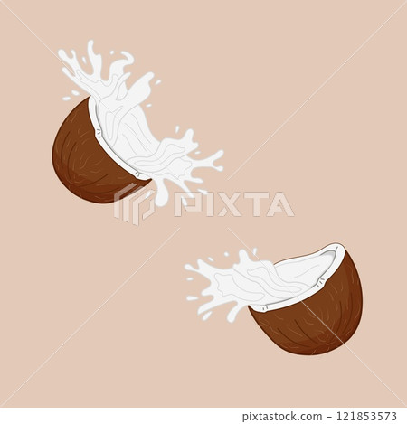 Coconuts bursting open and splashing coconut water in minimalist style. Isolated vector illustration. Coconuts bursting open and splashing coconut water in minimalist style. Isolated vector illustration. 121853573