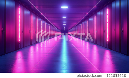 The concept of the future in interior design, furniture in neon lighting of the room relaxation room for employees of an IT company, relaxation area in a club Leather sofa in a room in cyberpunk style 121853618