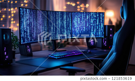 The concept of the future in interior design, furniture in neon lighting of the room relaxation room for employees of an IT company, relaxation area in a club Leather sofa in a room in cyberpunk style 121853619